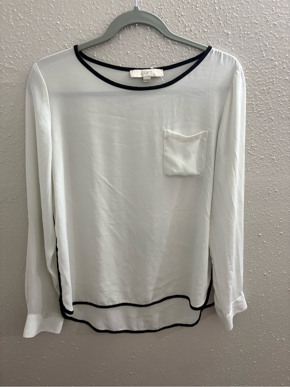 LOFT White Long-Sleeve Blouse with Black Trim